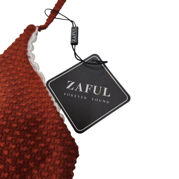 Zaful Rust Textured Bikini Set Lace Trim High-Waisted Bottoms Tie-Back Top Size - Picture 5 of 6